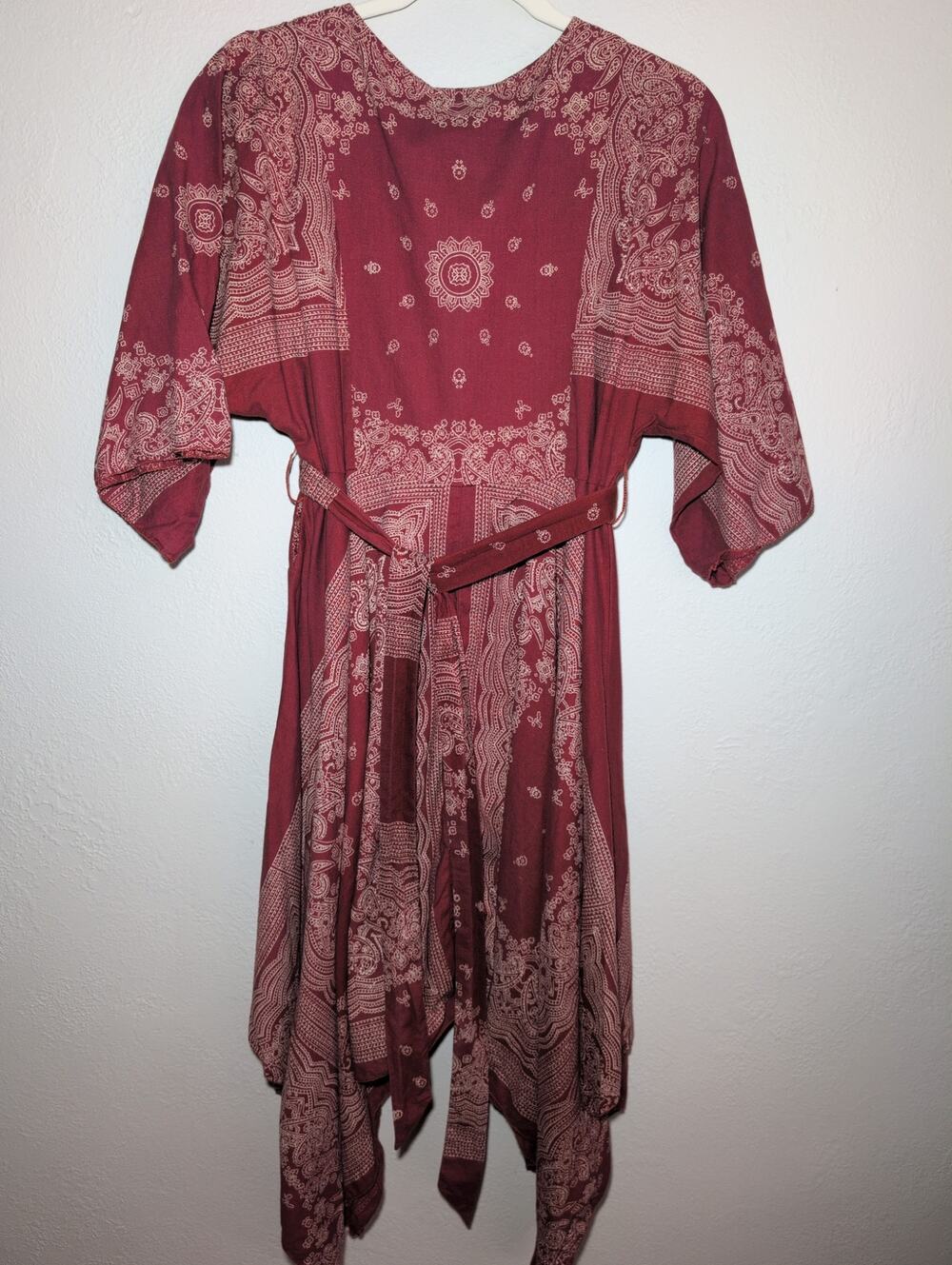 Blue Plate 100%‎ Cotton Dress Maroon L Handkerchief Hem Belt Kimono Sleeves